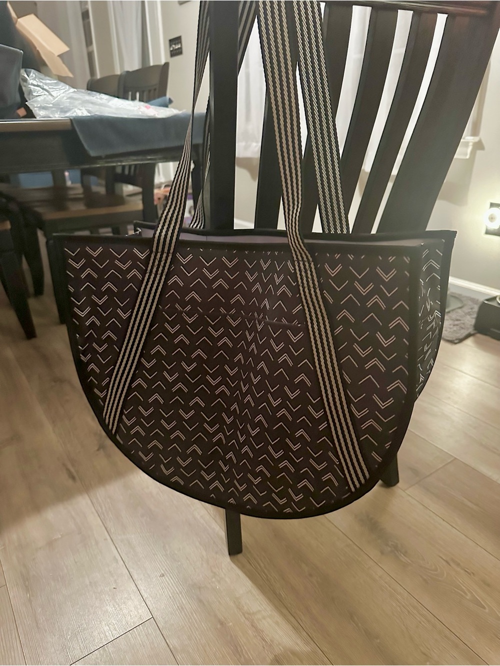 thirty-one Black Tote with Chevron Stitch Pattern and Striped Handles